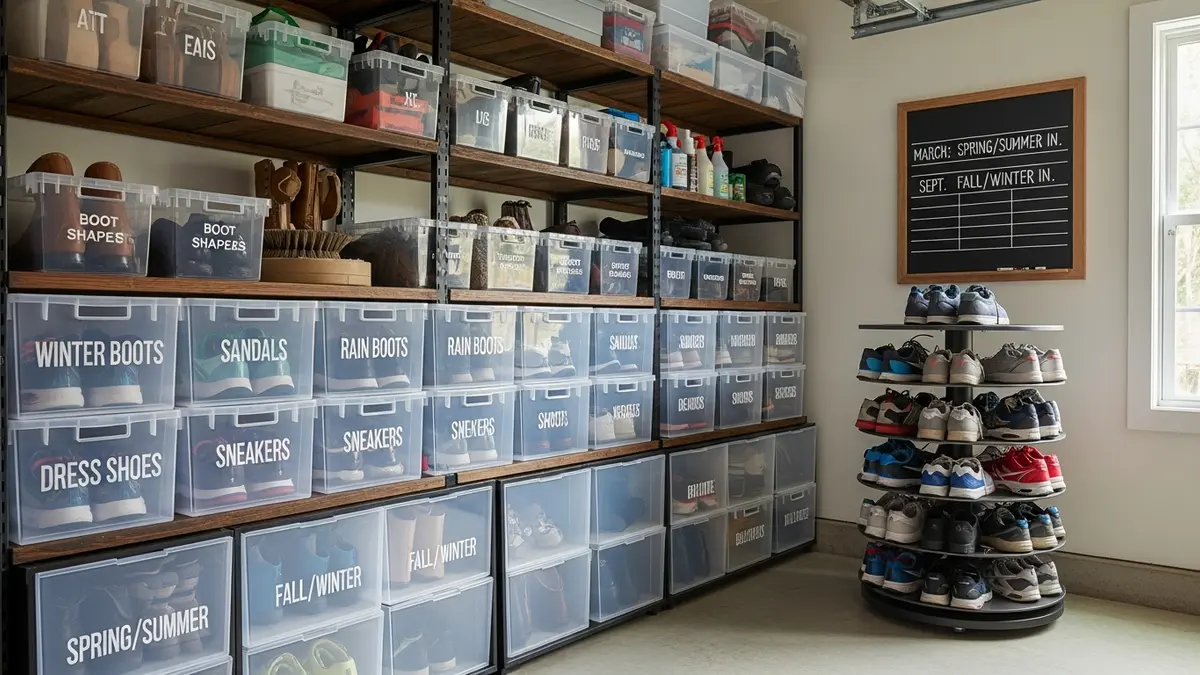 Seasonal shoe storage organization in garage with labeled containers and systematic arrangement