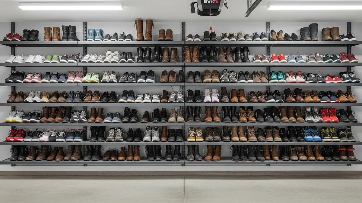Wall-mounted shoe storage racks in garage showing efficient vertical organization