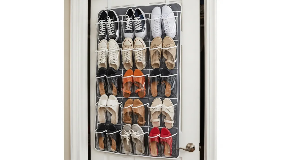 Door mounted shoe organizer for small space storage solutions