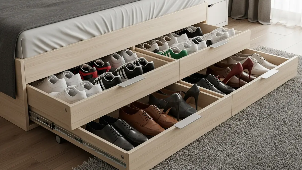 Under-bed shoe storage drawers maximizing closet floor space