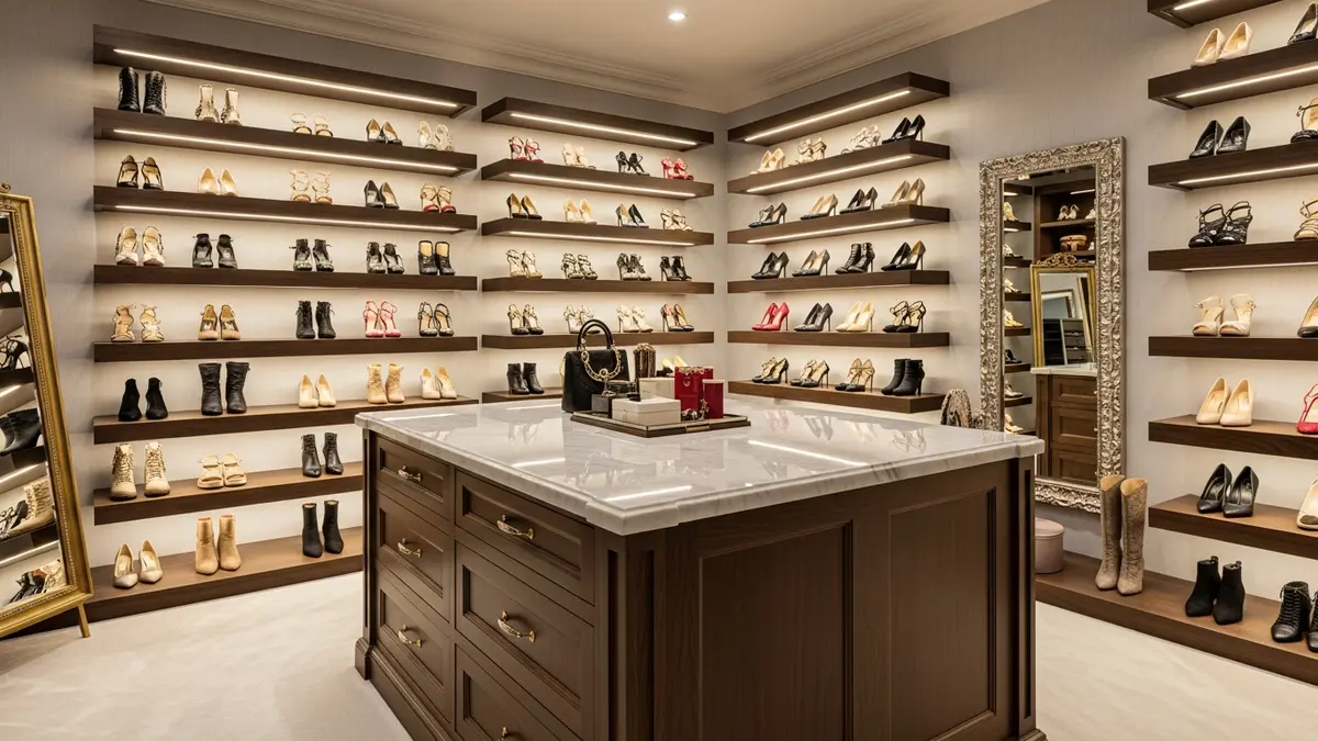 Wall-mounted shoe shelves creating vertical storage in modern closet