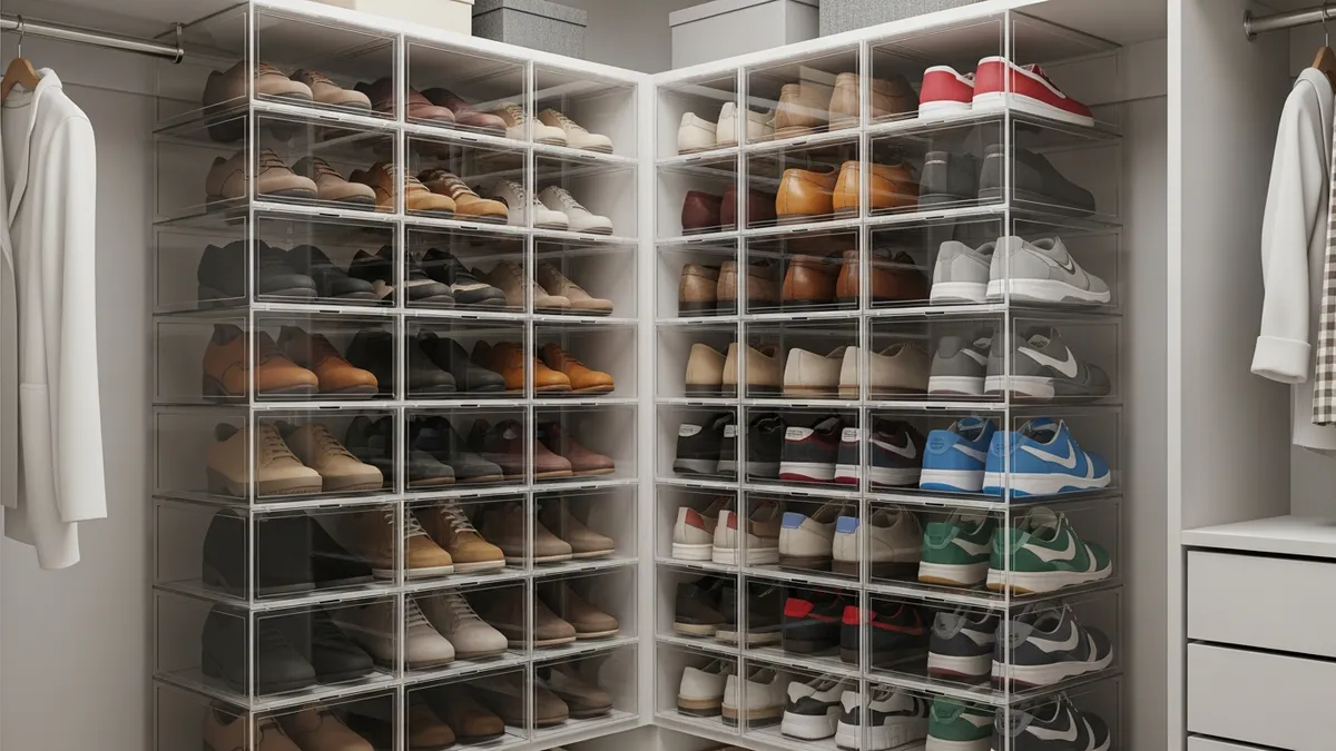 Clear stackable shoe storage boxes for organized closet shoe collection