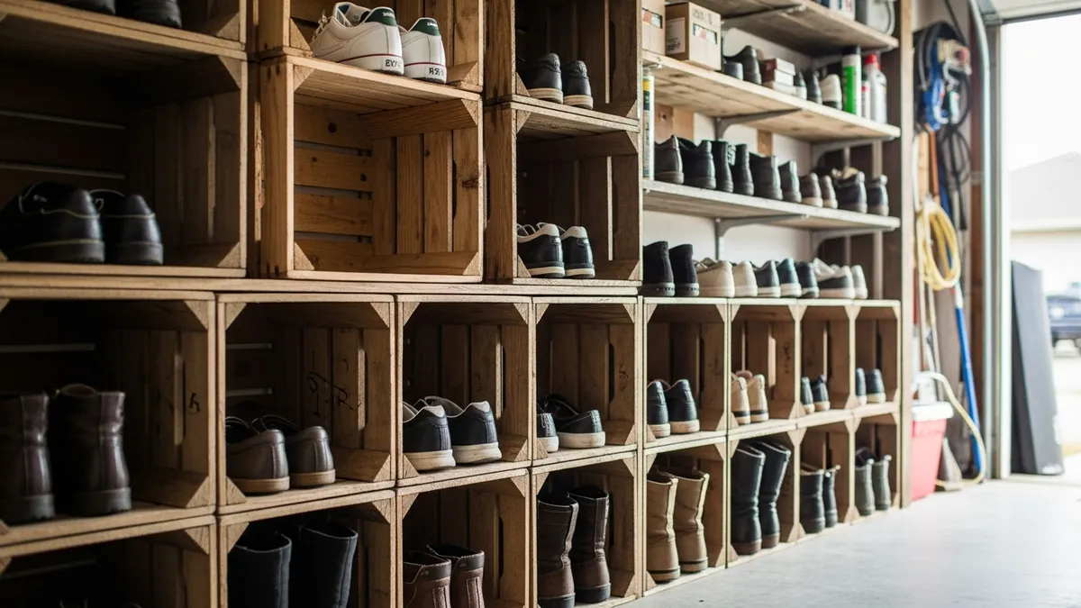 DIY garage shoe storage ideas using wooden crates and custom shelving solutions