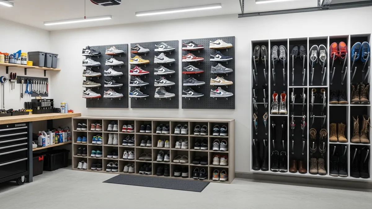 Creative shoe storage in garage ideas with wall-mounted racks and organized storage systems