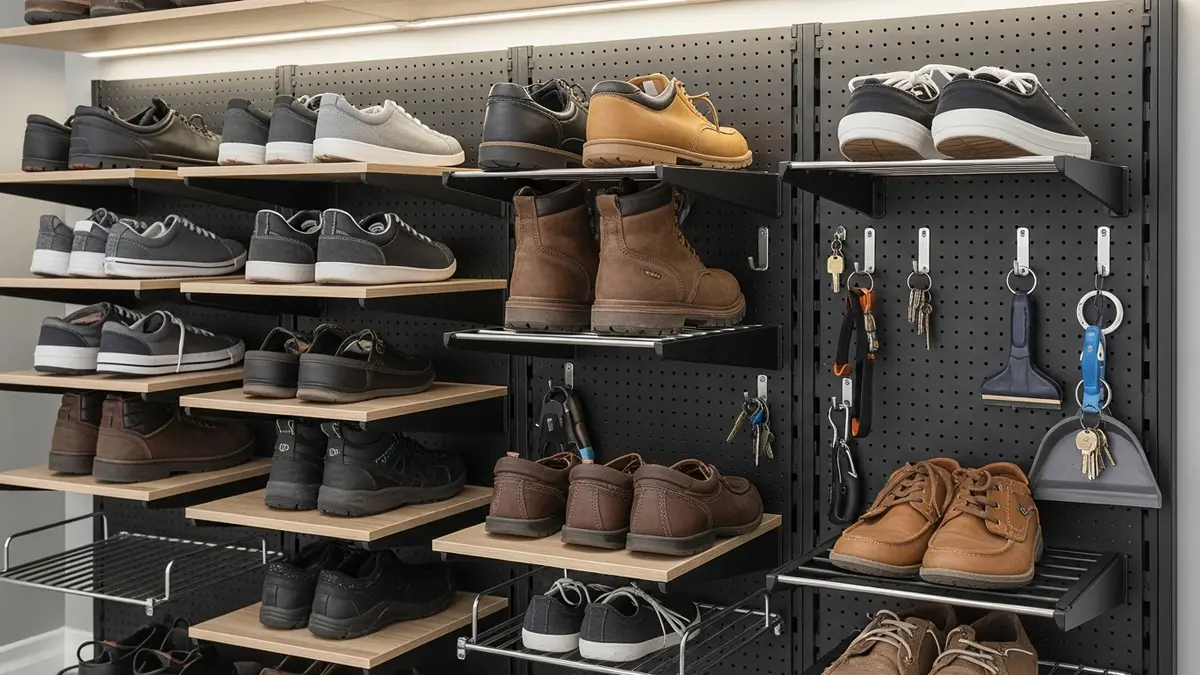 Wall-mounted shoe storage garage organization system with multiple pairs of shoes