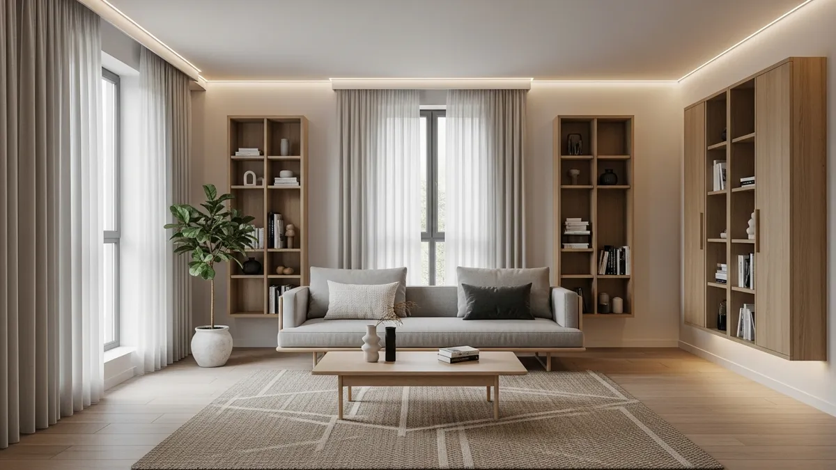 Simple but attractive living room with minimalist decor and organized storage