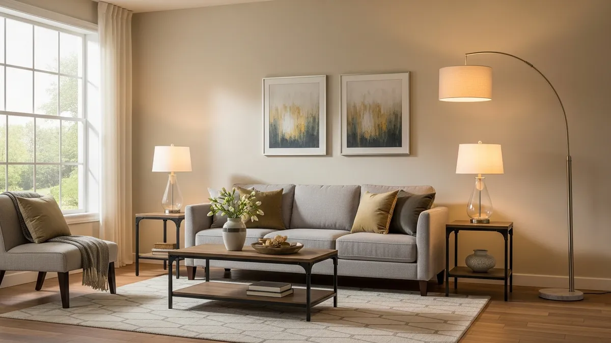 Well-lit living room with multiple lighting sources and cozy decor