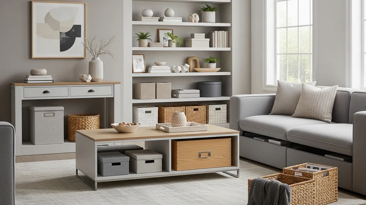 Organized living room with attractive storage solutions and decor