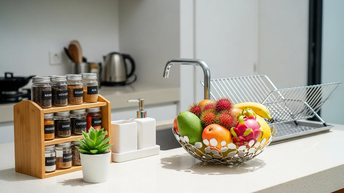 Kitchen countertop decoration ideas with spice rack, plants, and organized accessories for a simple kitchen decor