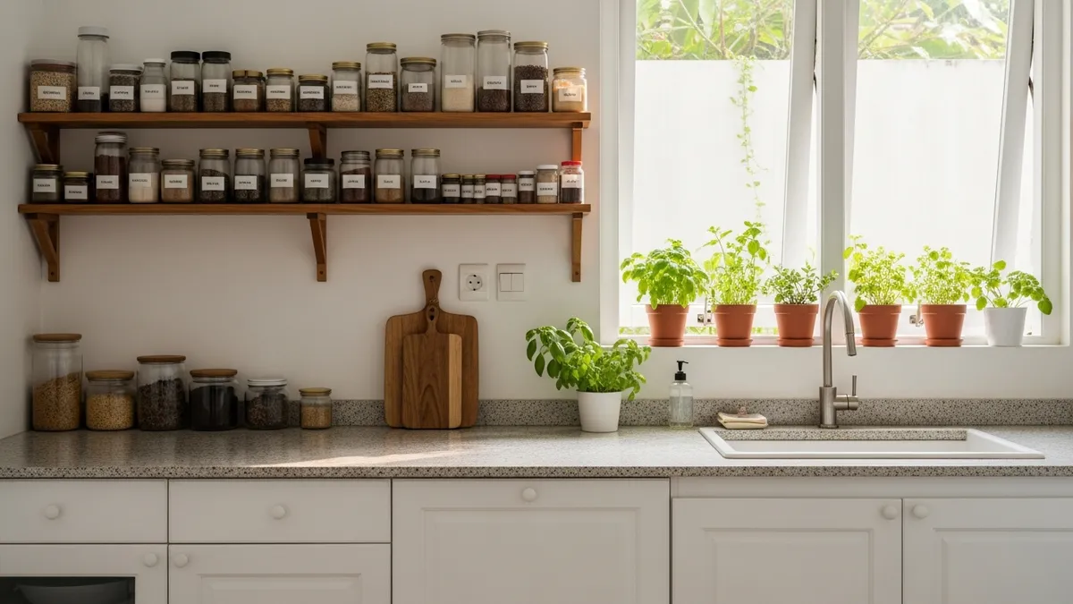 Simple kitchen decor ideas with open wooden shelves, spice jars, and clean countertops in a modern Indonesian home