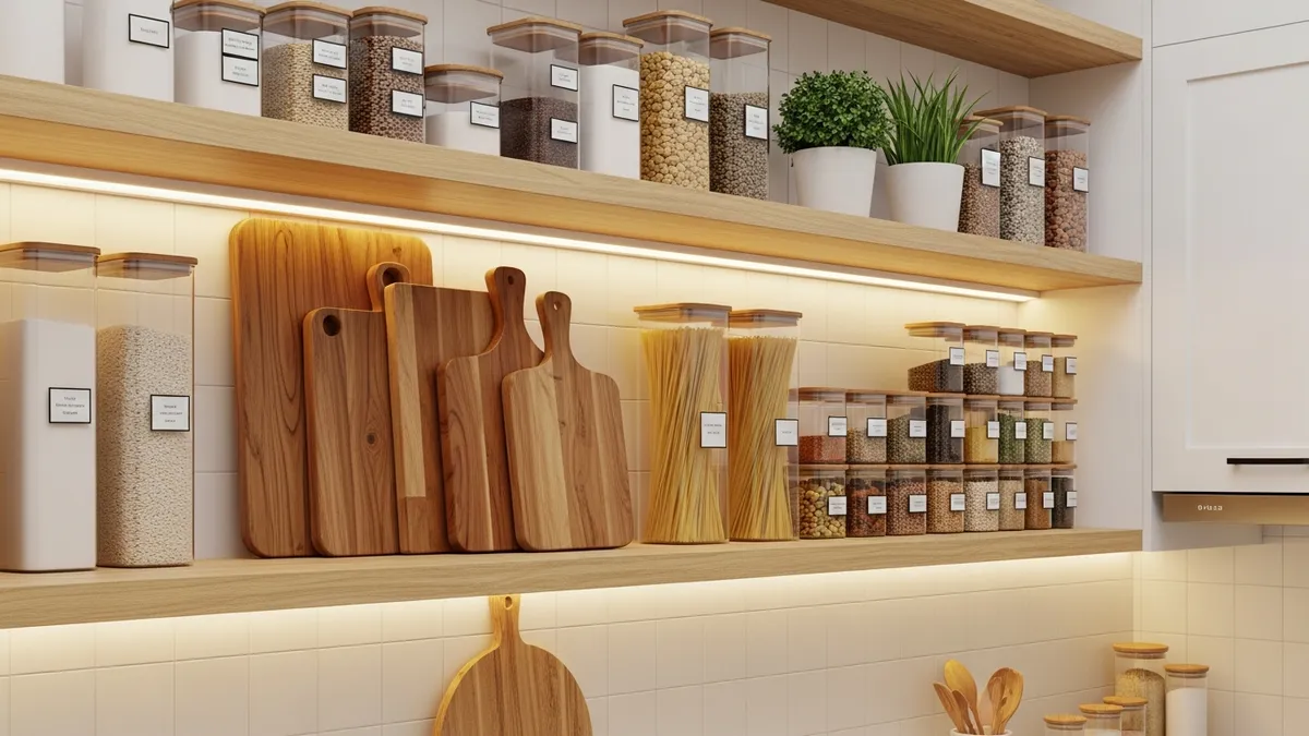 Open kitchen wall shelves with organized glass containers and spice jars as simple kitchen decor ideas