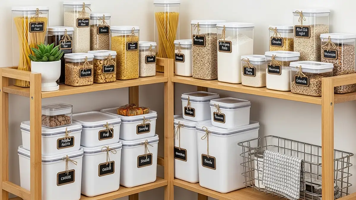 Matching airtight food storage containers neatly arranged on a wooden rack as part of simple kitchen decor and organization ideas