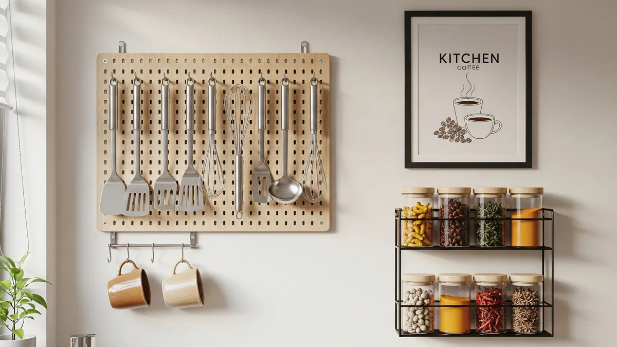 A modern Indonesian kitchen wall decorated with a mounted pegboard holding utensils and wall-mounted spice rack