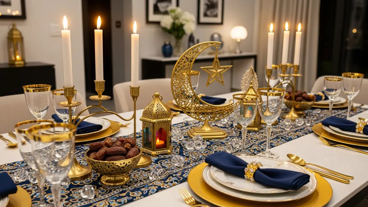 Festive Ramadan dining table decoration with golden accents and traditional elements