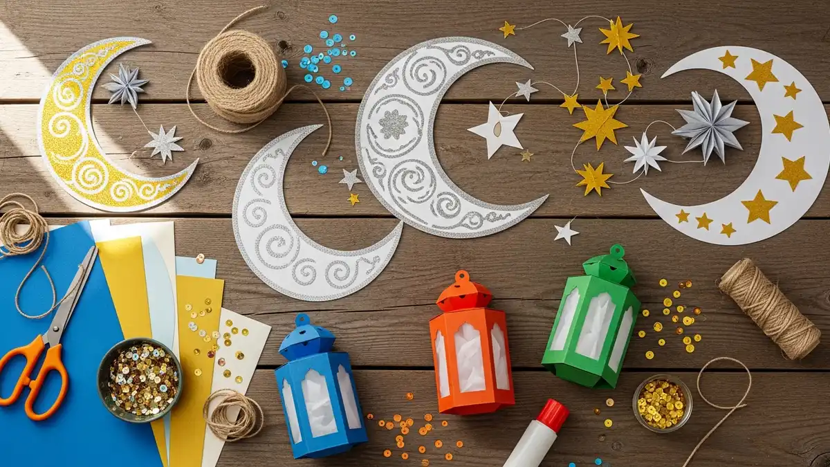DIY Ramadan decoration crafts with paper crescents and handmade lanterns on crafting table