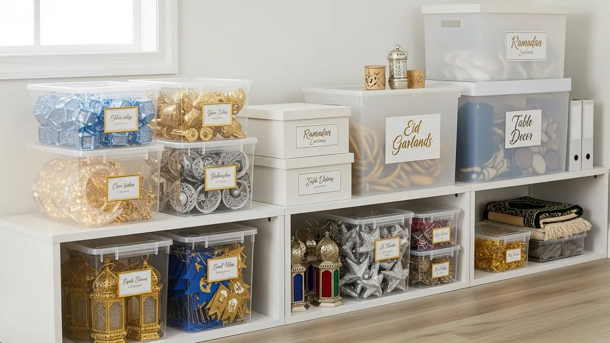 Well-organized storage containers for Ramadan decoration items in modern home storage area