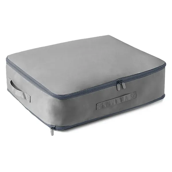Gray nylon compression storage bag with a zipper and two carry handles, shown closed on a white background. Photo: Sesoris product catalog