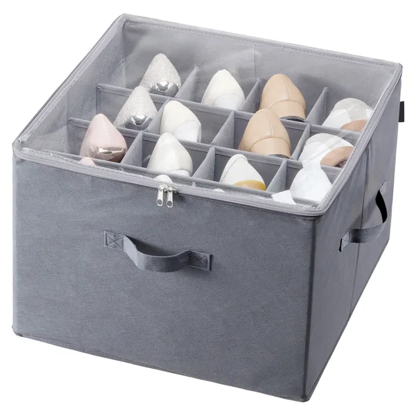 Gray fabric shoe storage box with 16 compartments holding pairs of shoes under a clear zip-top lid. Photo: Sesoris product catalog