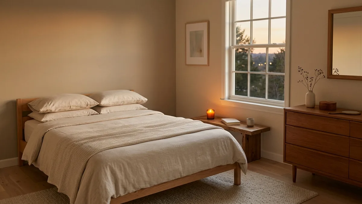 Calm clutter-free bedroom at evening with wooden nightstand candle and neatly made bed for restful lifestyle