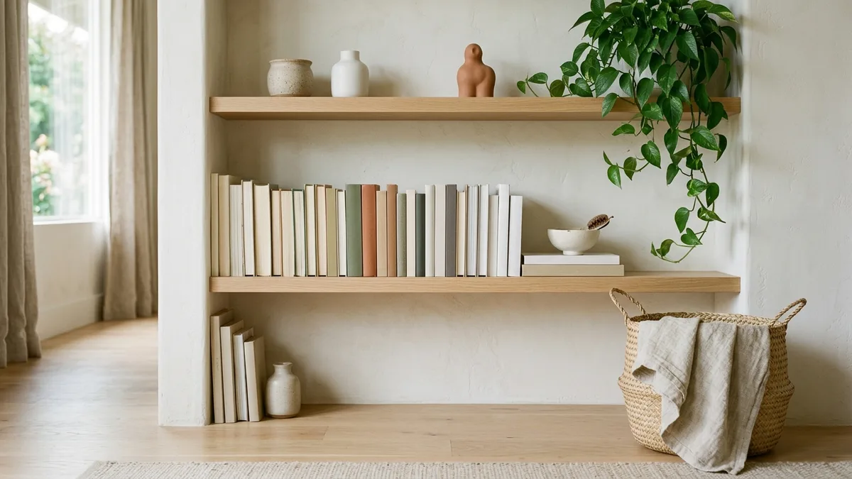 Organized living room shelf with books ceramic objects and trailing plant in neutral minimalist home decor