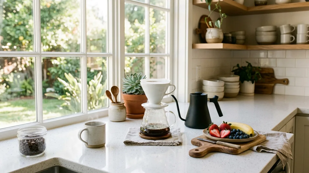Organized kitchen countertop with ceramic pour-over coffee and fresh fruit for mindful morning routine