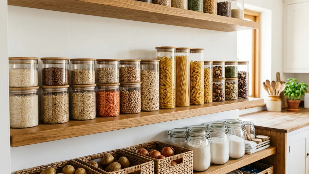 Well-organized pantry shelf with matching clear airtight food storage containers filled with grains and dried goods