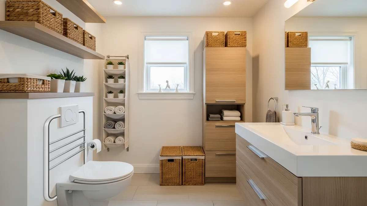 Small bathroom storage ideas with floating shelves, over-toilet organizer, and wicker baskets in a modern American home