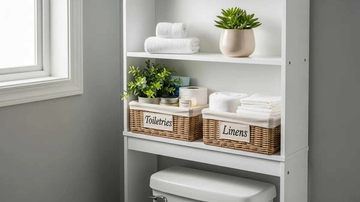 Over-the-toilet storage unit with folded towels and labeled baskets for small bathroom organization