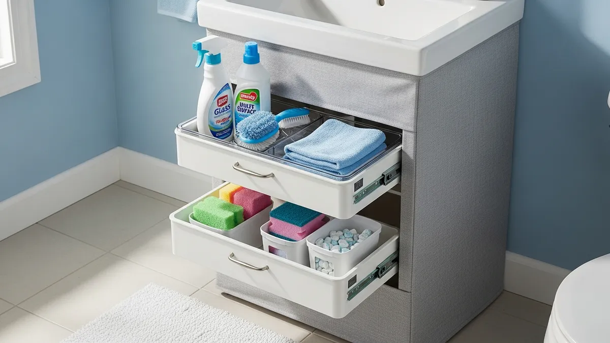 Under-sink bathroom organizer with pull-out drawers and labeled bins maximizing storage in a small bathroom