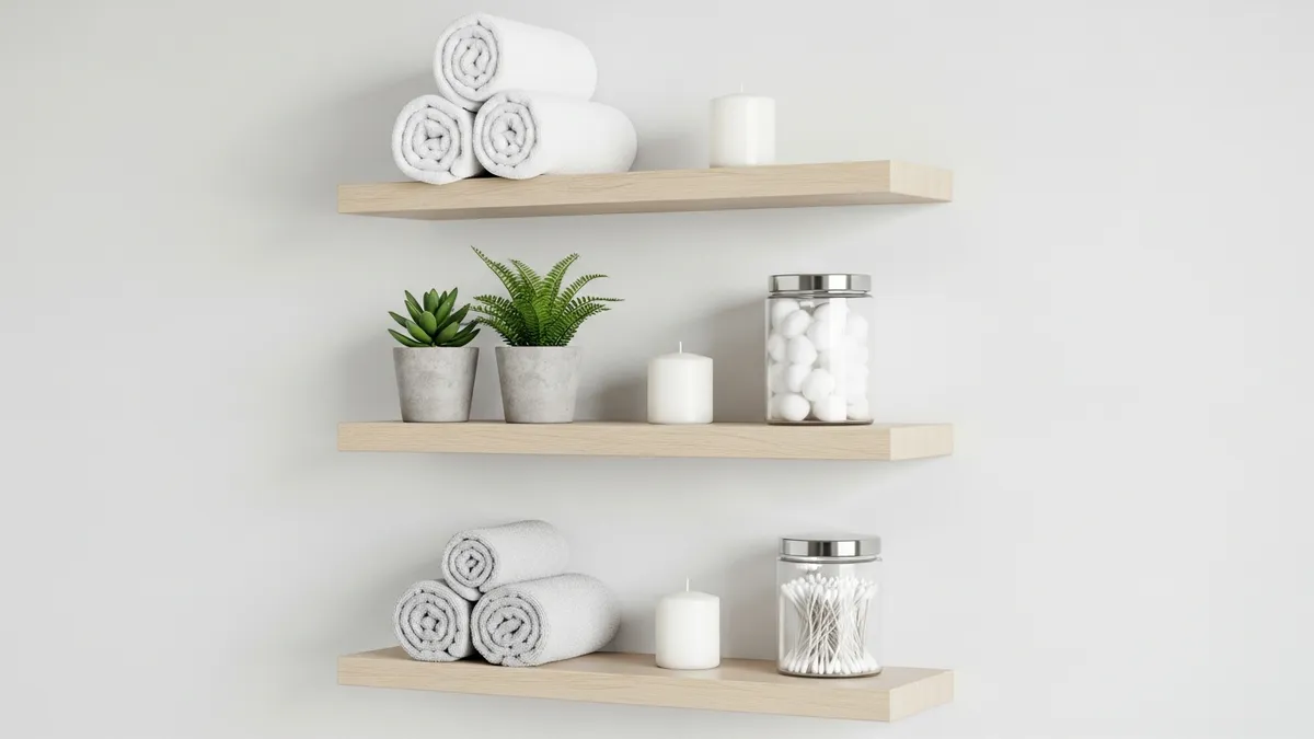 Floating wall shelves in a small bathroom holding towels, plants, and glass storage jars