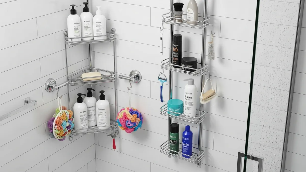 Corner shower caddy and tension pole organizer with toiletries in a small bathroom shower