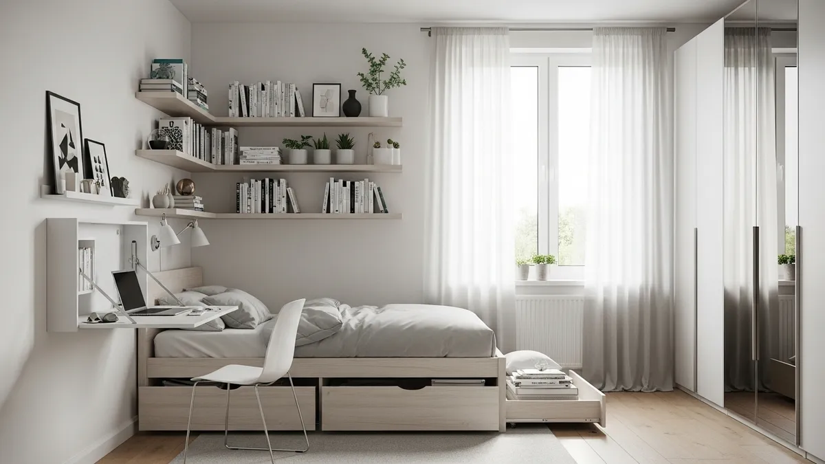 Smart small bedroom storage solutions with under-bed drawers and floating shelves