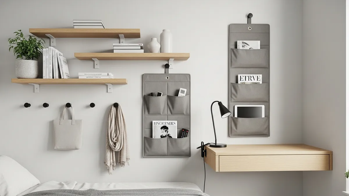 Vertical wall storage solutions for small bedroom organization