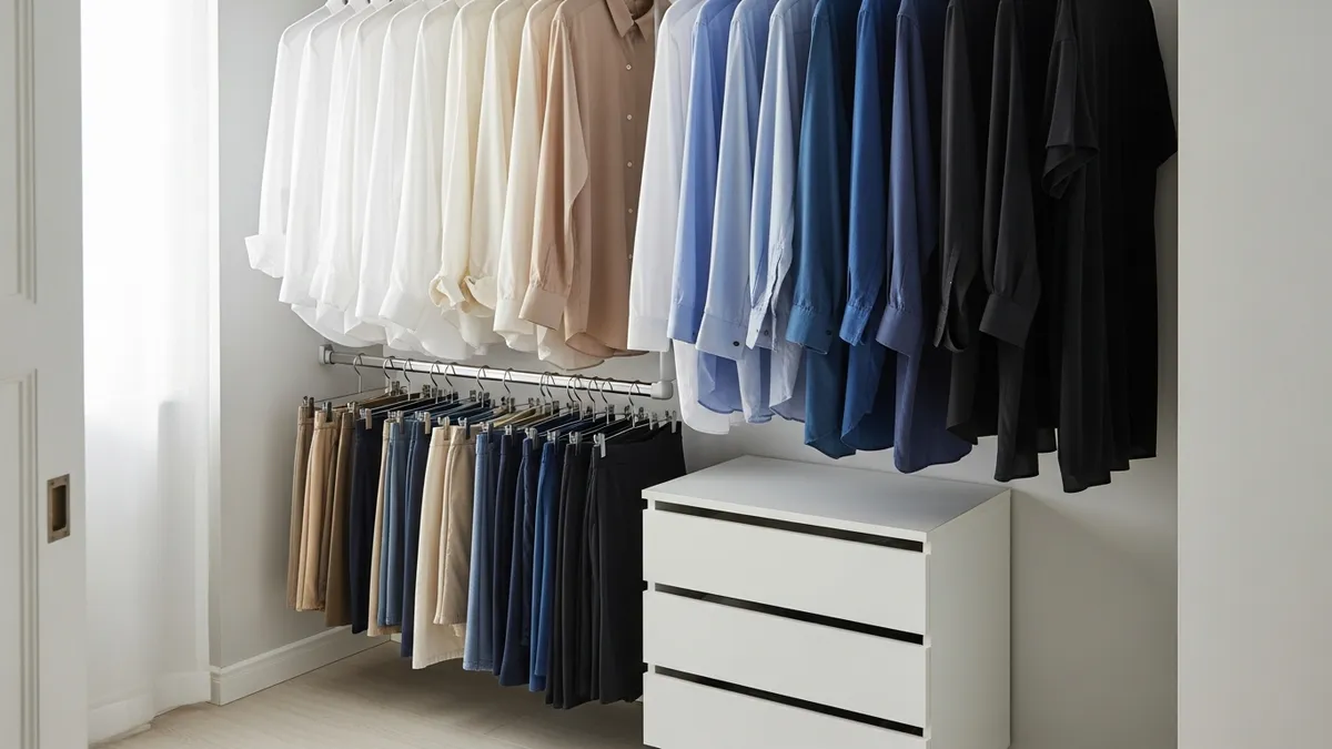 Double hanging rod setup in a small closet maximizing vertical storage space