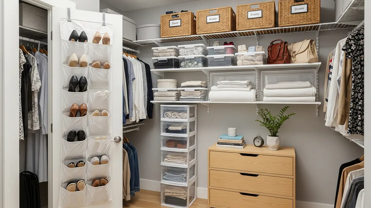 Over-the-door organizer and clear storage bins inside a small reach-in closet