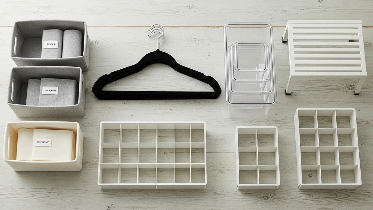 Closet organization products including velvet hangers, clear bins, and labeled fabric baskets