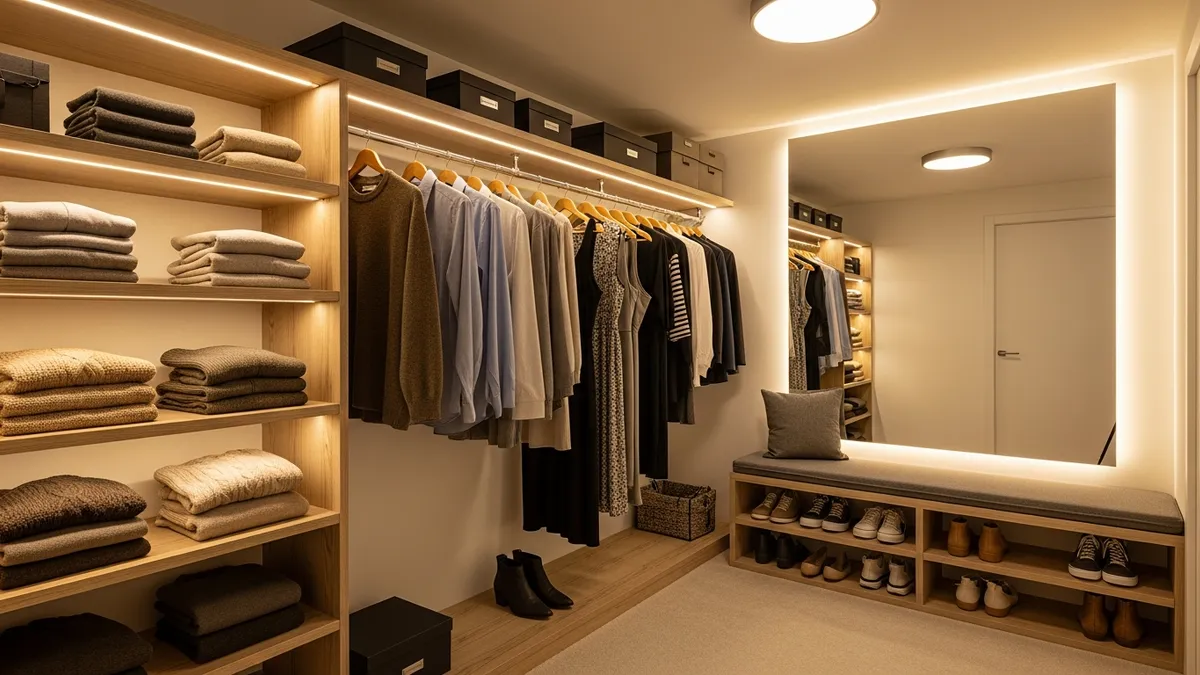 Small walk-in closet with open shelving, hanging clothes, and under-bench shoe storage
