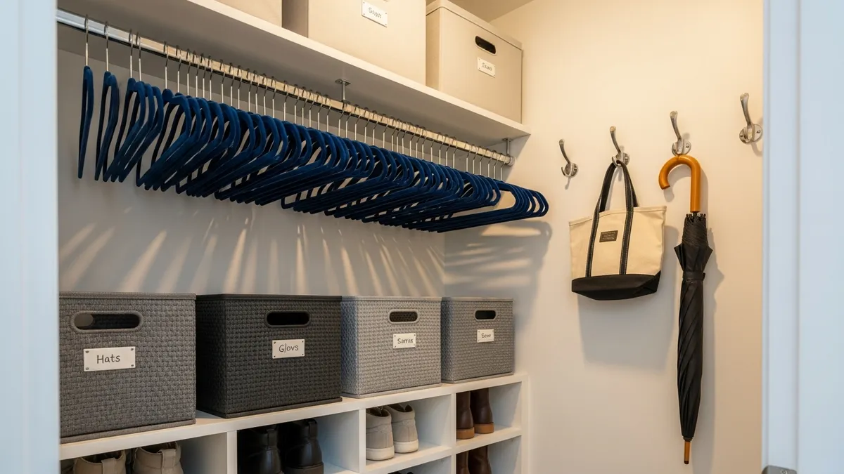 Slim velvet hangers and labeled storage bins in a small coat closet to maximize space