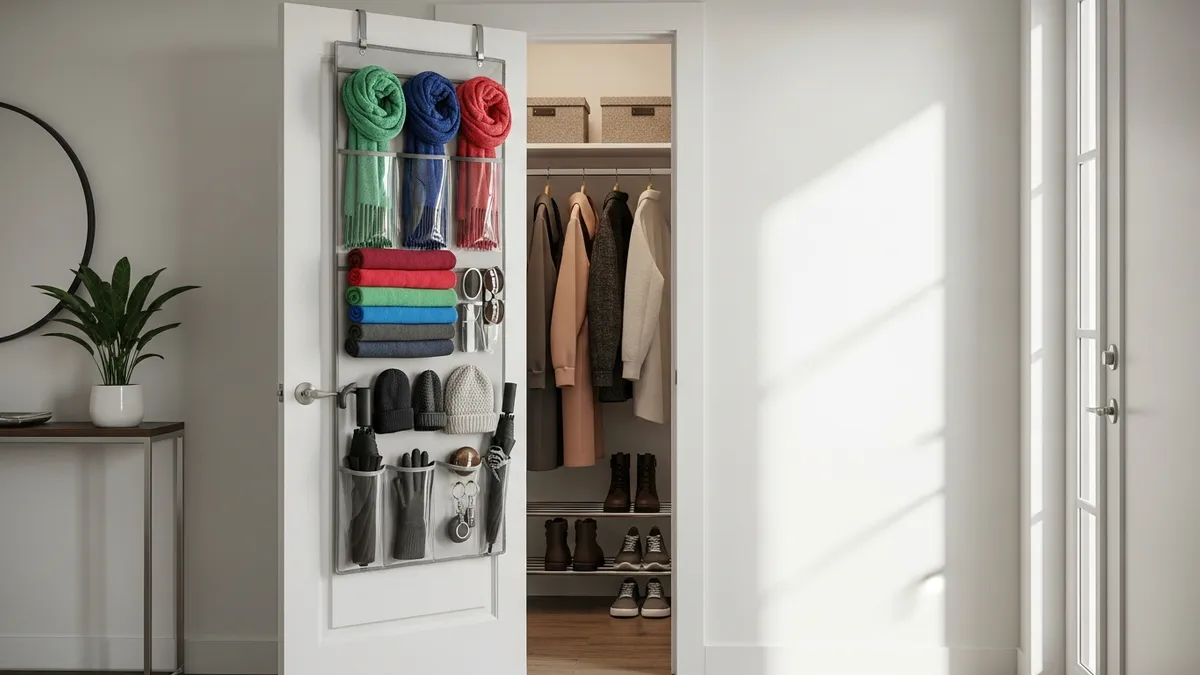 Over-the-door organizer for small coat closet holding gloves scarves and hats in clear pockets