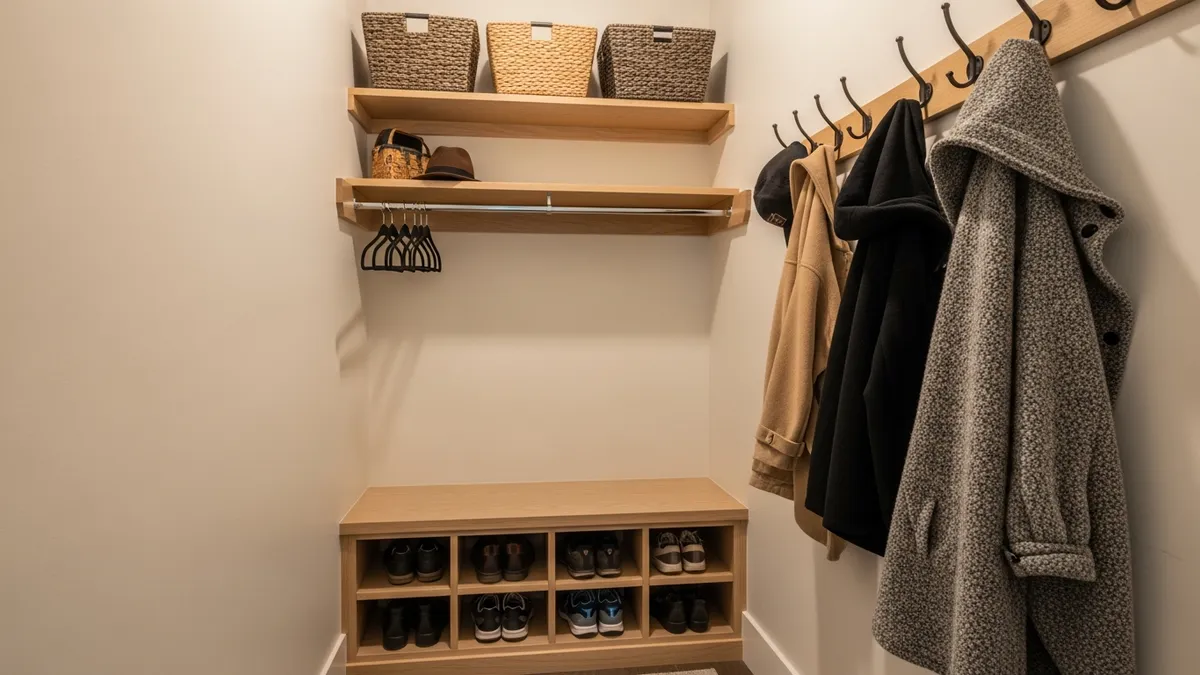 Double hanging rod system and built-in bench with shoe storage in a narrow small coat closet