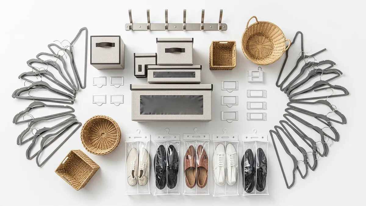 Coat closet organization products including storage boxes velvet hangers baskets and shoe organizers