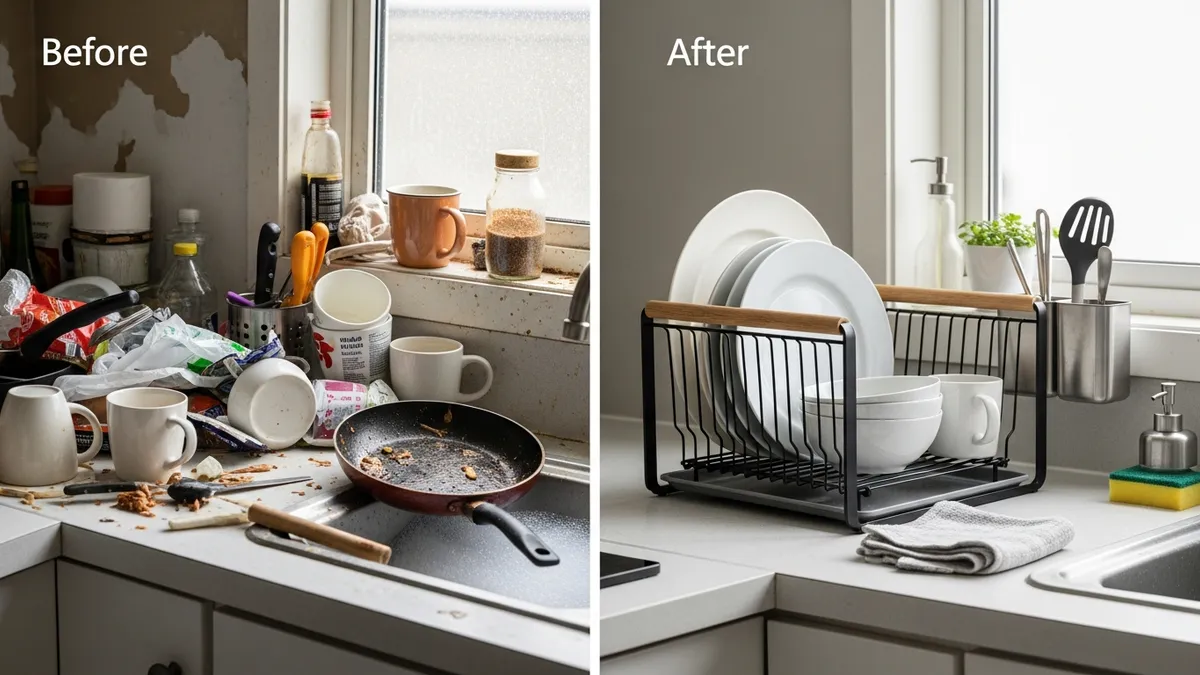Kitchen organization transformation showing small dish rack maximizing counter space