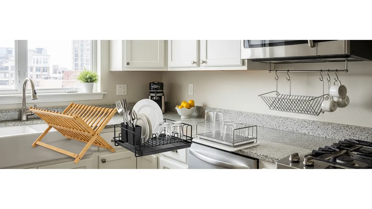 Various small dish rack types showcasing space-saving kitchen storage solutions