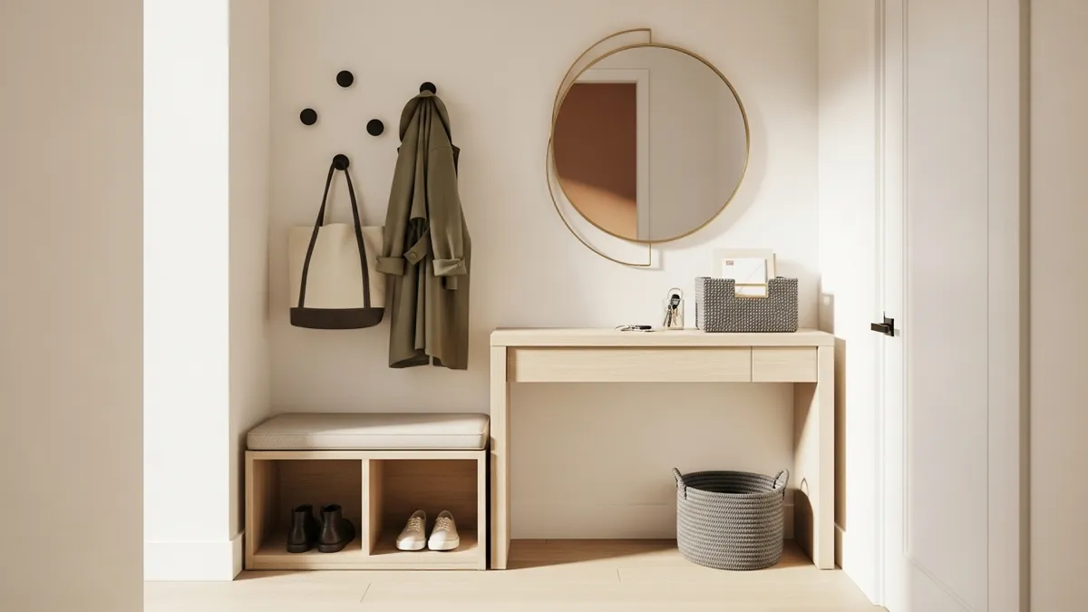 Small entryway organization ideas with wall hooks, slim console table, and shoe bench in a modern American home