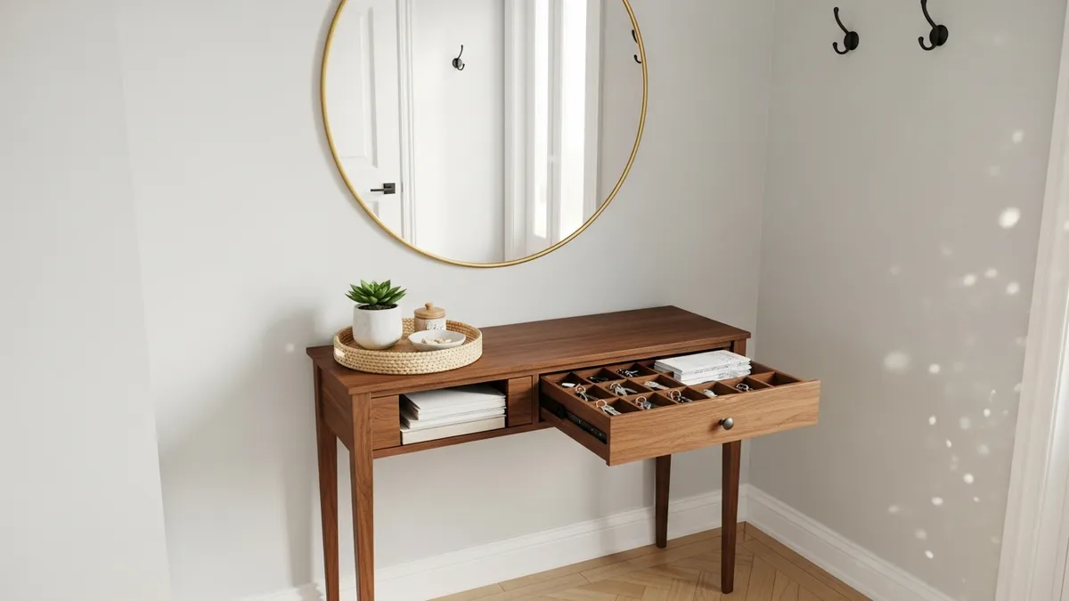 Slim console table with tray and mirror for small entryway organization in a narrow hallway