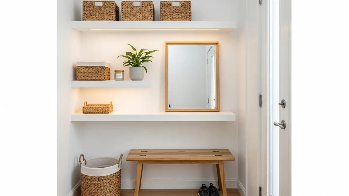 Floating shelves and decorative baskets for small entryway wall organization