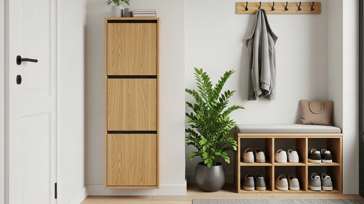 Slim shoe cabinet and bench cubby storage for small entryway shoe organization