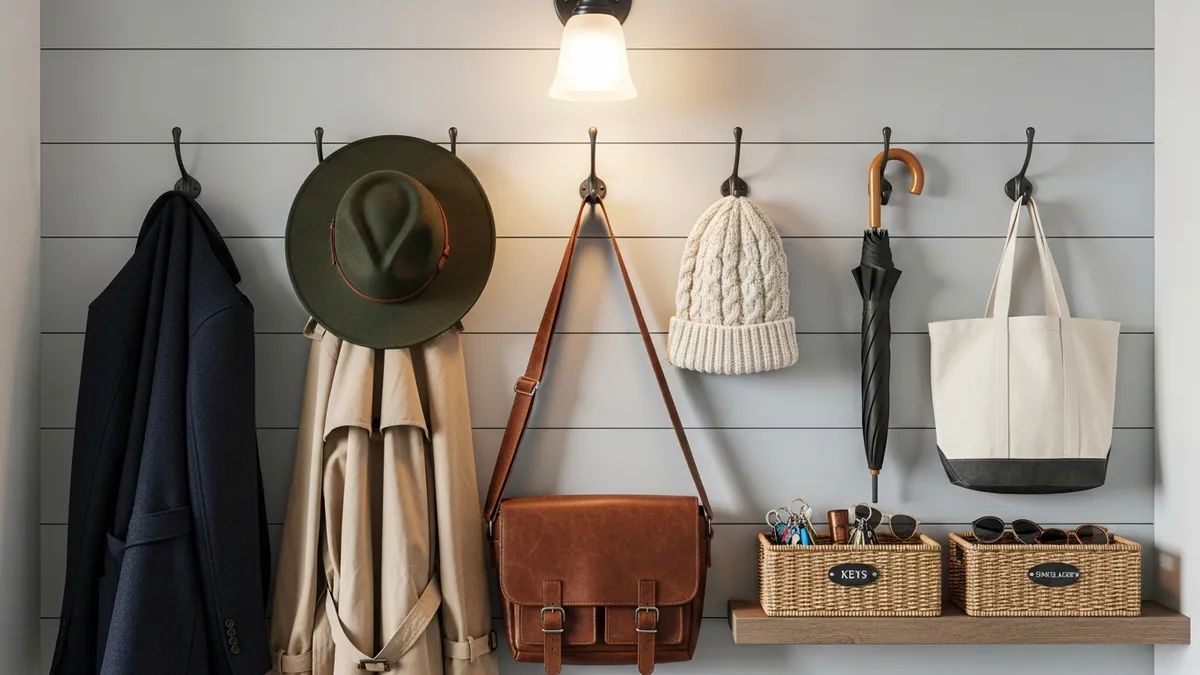Wall-mounted hooks and labeled baskets for small entryway organization