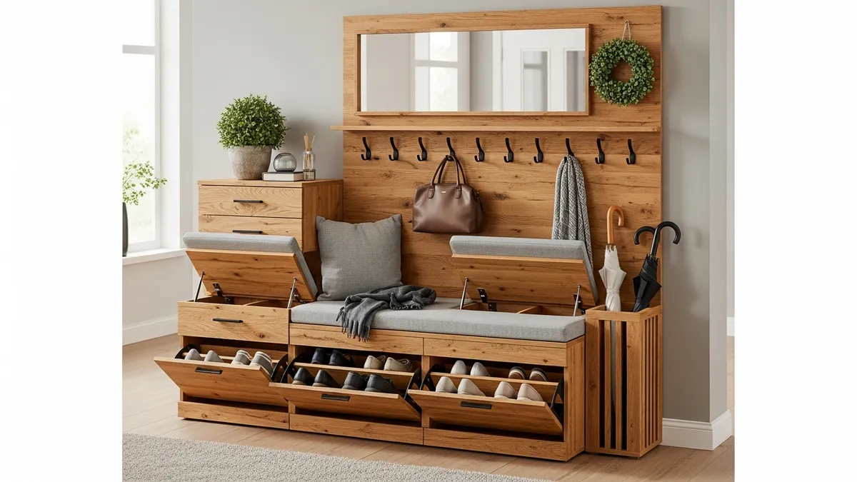 Multi-functional small entryway shoe storage ideas with bench seating and hidden storage compartments