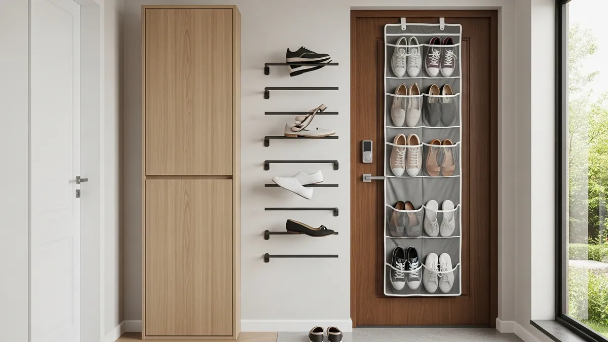Vertical small entryway shoe storage ideas maximizing wall space with tall cabinets and wall-mounted racks